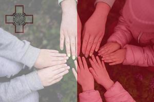 Hands of kids on background of Malta flag. Maltese patriotism and unity concept. photo