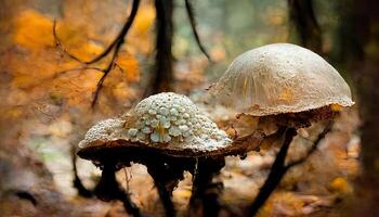 Mushrooms growing on the soil surrounded by dry yellow leaves. photo