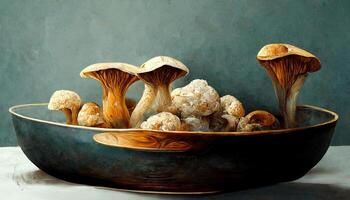 Whole small fresh white champignon mushrooms in wooden bowl isolated on white. photo