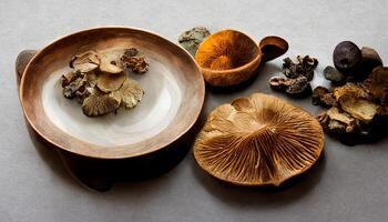 Different fresh wild mushrooms in bowl on wooden background, top view. photo