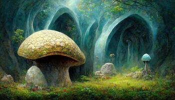 Fantasy enchanted fairy tale forest with giant mushrooms, magical elf or gnome house . photo