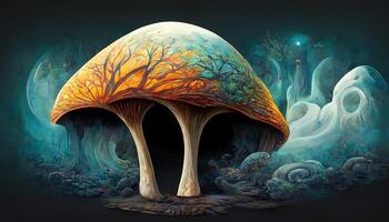 A small ginger mushroom with a bitten off cap grows angularly from the hollow of a tree trunk. photo