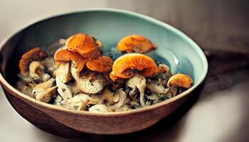 Whole small fresh white champignon mushrooms in wooden bowl isolated on white. photo
