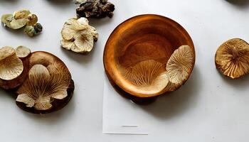 Clay bowl with fresh mushrooms and parsley leaves isolated. photo