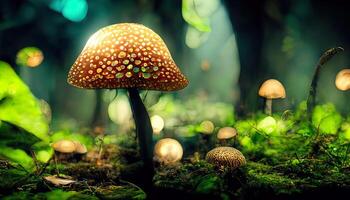 Fantasy mushroom forest, trees, nature, enchanted. mushrooms landscape. photo