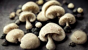 White mushrooms on dark desk. photo