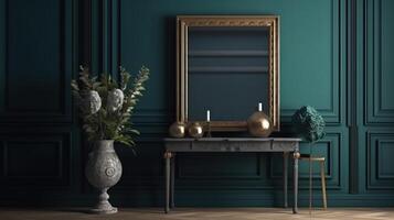 Frame mockup in dark green home interior, 3d render. photo