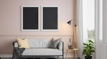 Mockup frame in farmhouse living room interior, 3d render. photo