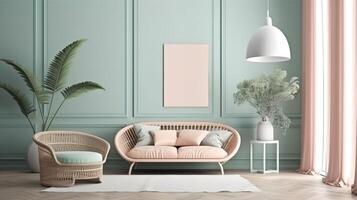 View of room decor made up of frame and plant vase with plate. photo