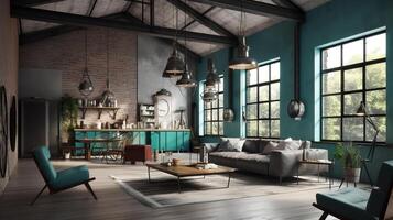 vivo habitación interior en desván, industrial estilo. generativo ai foto