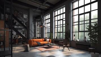 Living room loft in industrial style ,3d render, Bright color. photo