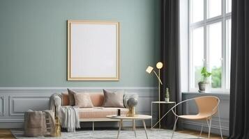 Mockup frame in Scandinavian living room interior, 3d render. photo