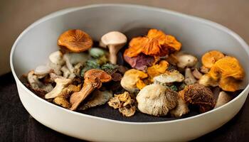 Different fresh wild mushrooms in bowl on wooden background, top view. photo