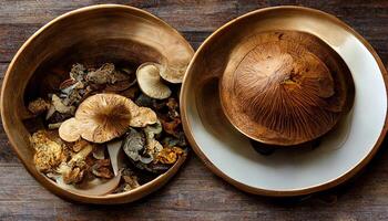 Clay bowl with fresh mushrooms and parsley leaves isolated. photo