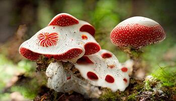 rojo gorra seta psicodélico venenoso seta vibrante rojo con blanco lugares. generativo ai foto