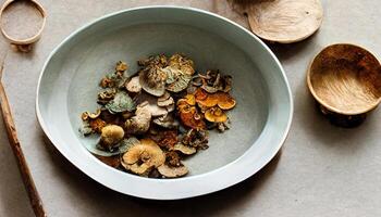 Shiitake mushrooms in wood bowl isolated on alpha layer. photo