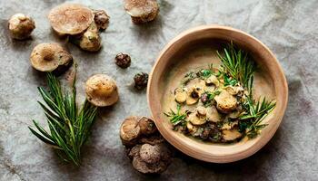Top view food arrangement with mushrooms. photo