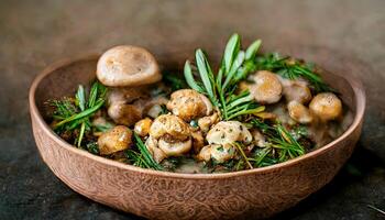 Bowl of baby bella mushrooms and bunch of fresh rosemary on rustic wooden background. photo