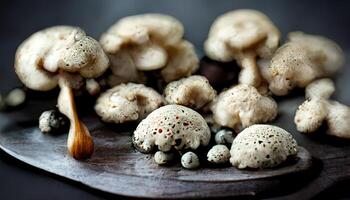 White mushrooms on dark desk. photo