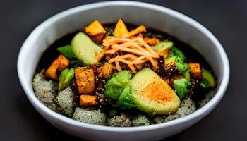 Tasty fresh poke bowl with avocado quinoa and vegetables top view. photo