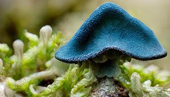 maravilloso azul sombrero de ostra hongos creciente en verde musgo cerca arriba. generativo ai foto