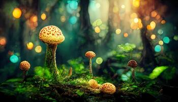 Fantasy mushroom forest, trees, nature, enchanted. mushrooms landscape. photo