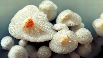 Baskets of White Mushrooms at a Market. photo