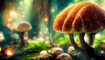 Closeup shot of a red mushroom growing below dry grass. photo