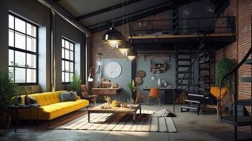 Living room loft in industrial style ,3d render, Bright color. photo