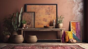 Frame mockup in rustic villa bathroom interior background. photo