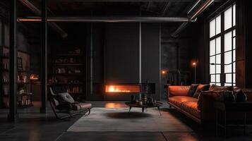 Dark living room loft with fireplace, industrial style, 3d render. photo