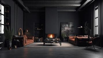 Frame mockup in modern loft interior with burning fireplace. photo