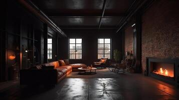 Frame mockup in modern loft interior with burning fireplace. photo