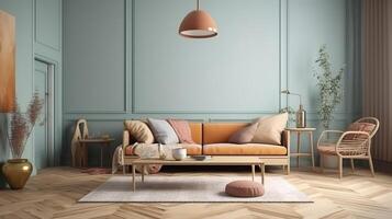 Wall mockup in Scandi-Boho living room interior background. photo
