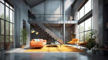 Modern interior house with bright living room. photo