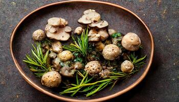 Bowl of baby bella mushrooms and bunch of fresh rosemary on rustic wooden background. photo