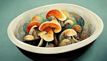 Bowl of delicious organic oyster mushrooms on colorful background. photo