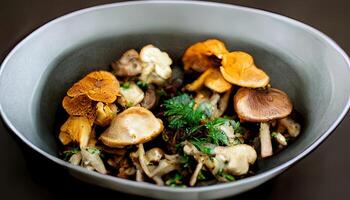 Healthy Different fresh wild mushrooms in bowl, flat lay. photo