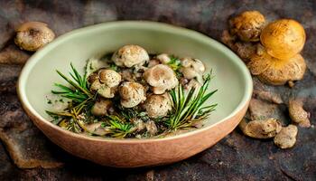 Attractive Bowl of baby bella mushrooms and bunch of fresh rosemary on rustic wooden background. photo