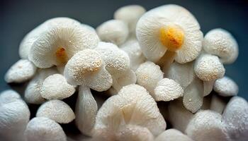 Baskets of White Mushrooms at a Market. photo