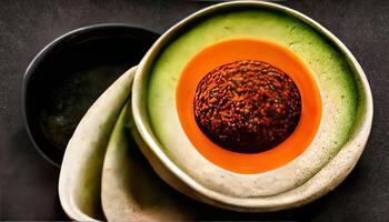 Special Bowl Buddha. Buckwheat, pumpkin, chicken fillet, avocado, carrots, On a black background. photo