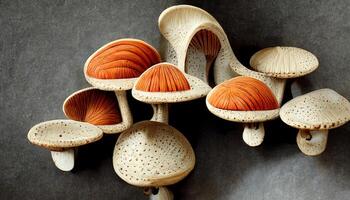 High Angle View Of Edible Mushrooms And Banana In Wicker Basket. photo