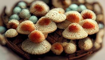 High Angle View Of Mushrooms In Baskets For Sale At Market. photo