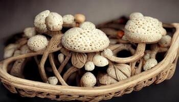 Champignon mushroom on the wooden table. photo