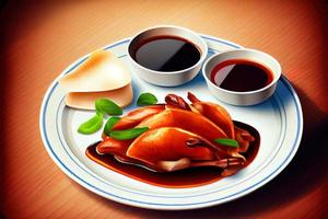 Chinese Peking Duck Food in the plate on the table photo