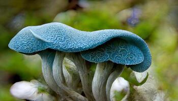 de cerca de lanudo melena hongos en un campo cubierto en el césped. generativo ai foto