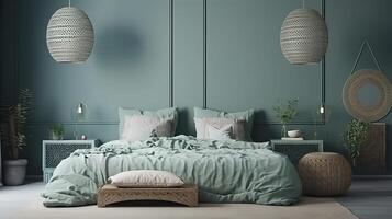 Mockup frame in bedroom interior background, Scandinavian style, 3d render. photo