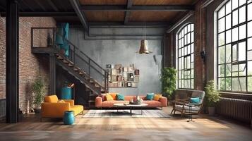 Living room interior in loft, industrial style. photo