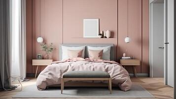 Mockup frame in bedroom interior background, Scandinavian style, 3d render. photo