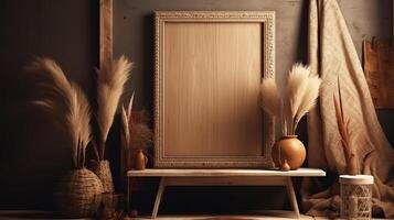 Mockup frame in nomadic boho interior background with rustic decor. photo